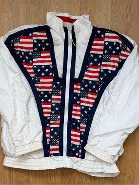Vintage Lavon USA Flag Windbreaker Jacket Roll Up Hoodie Size S Patriotic Nylon